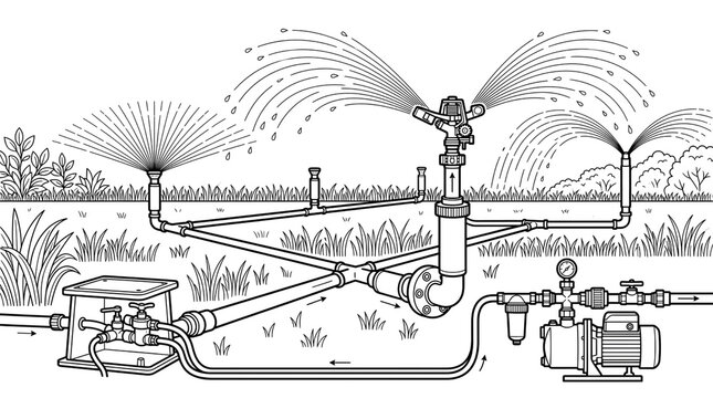 Technical line art of agricultural irrigation system, garden sprinkler network with water pump, farm watering equipment diagram