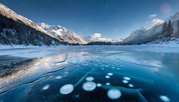 Frozen Alpine Lake With Natural Methane Ice Bubbles And Deep Surface Cracks