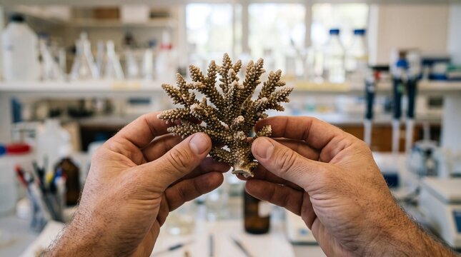 Scientist Examining Coral Specimen in Marine Biology Laboratory