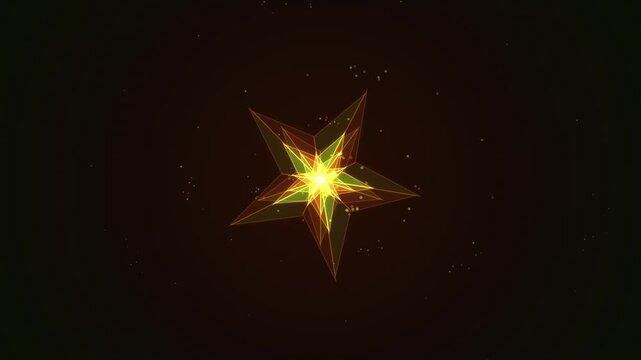 A seamless loop of translucent star fractals blooming with gyroscopic motion. Features folding origami geometry, neon green and amber glowing facets, and a swirling stardust vortex. Ideal for VJ scree
