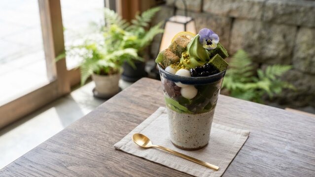 Japanese Matcha Green Tea Parfait with Soft Serve Ice Cream, Warabi Mochi, Adzuki Beans, Shiratama Mochi, and Kinako in Artisanal Ceramic Glass - 1