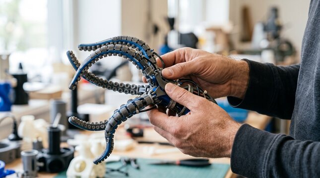 Engineer Holding Biomimetic Robotic Octopus Tentacle Prototype