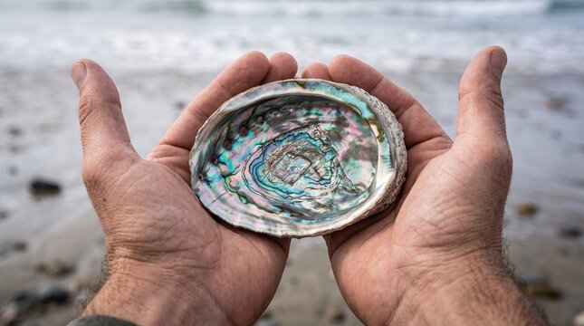 Hands Holding Iridescent Abalone Shell on Beach