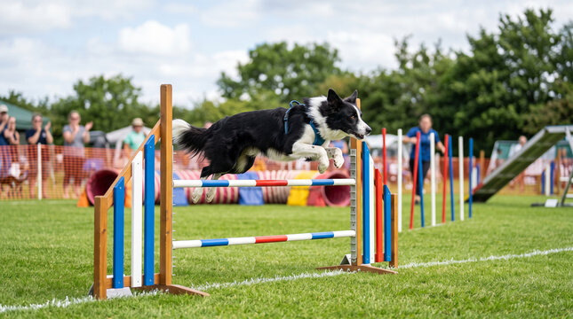 Black and white sheepdog clearing an agility jump with front legs tucked at an outdoor dog show