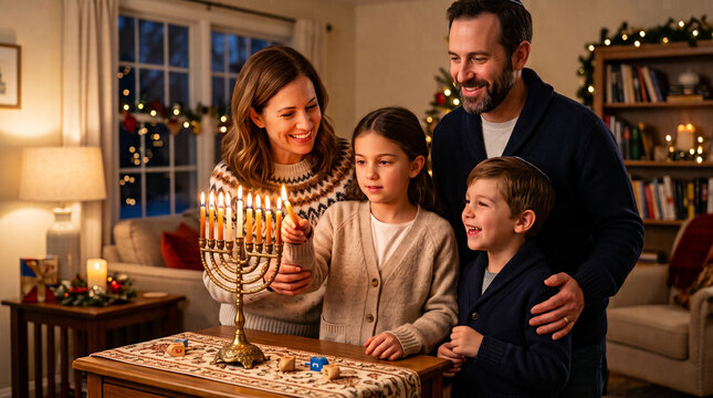 Smiling mother holding a lit candle beside a menorah with her children and husband in a decorated room