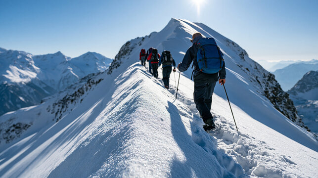 Bright snow covered mountain slope distant group of tourists climbing a sunlit white ridge with backpacks and poles layered peaks clear sky sparkling snow surface mountain climbing