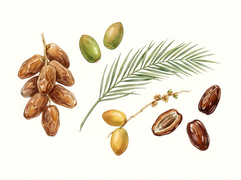 Watercolor botanical set of dates with palm leaf and fruit parts date fruit dried dates botanical art fruit illustration sweet snack nature study exotic fruit organic snacks