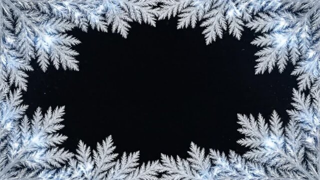 Animated White Frost Pine Needle Branches Frame Overlay on Black Background for Winter Holiday Season