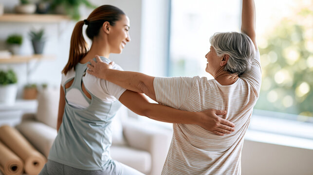 Bright home interior back view of a fitness aide in an athletic top supporting a senior woman during a standing stretch beside rolled exercise mats light armchair shelf with plants wide