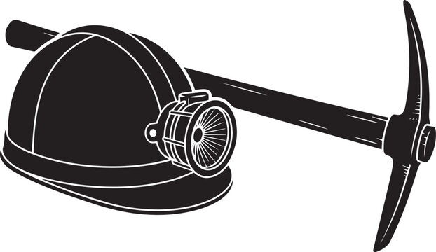 Vintage mining helmet with headlamp and pickaxe vector, industrial miner equipment, black and white coal mining tools