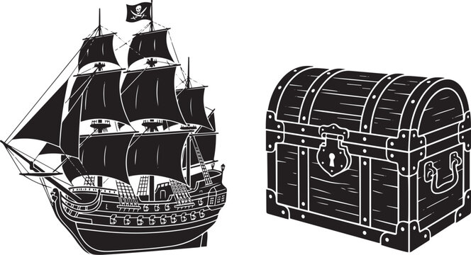 Vintage pirate ship and treasure chest vector set, black and white nautical illustrations, antique sailing vessel and wooden trunk