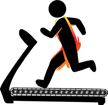 Black stick figure running fast on a treadmill with fiery flame trail effects, vector icon illustration isolated. Cardio workout concept
