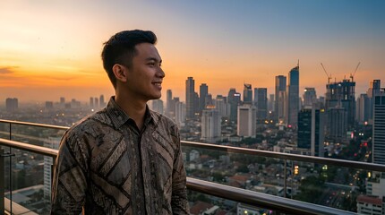 Fototapeta na wymiar Man overlooking city skyline from balcony at dusk.