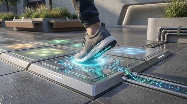 Person wearing modern athletic sneakers stepping onto a glowing interactive floor tile in an urban public space at night with walking shoes