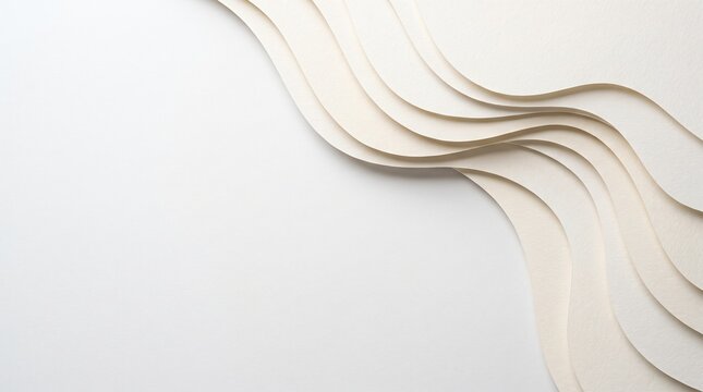 Minimal layered paper cut wave topography banner background with copy space, horizontal 16 by 9 curved ivory cotton paper relief with soft shadows for skincare packaging and corporate header