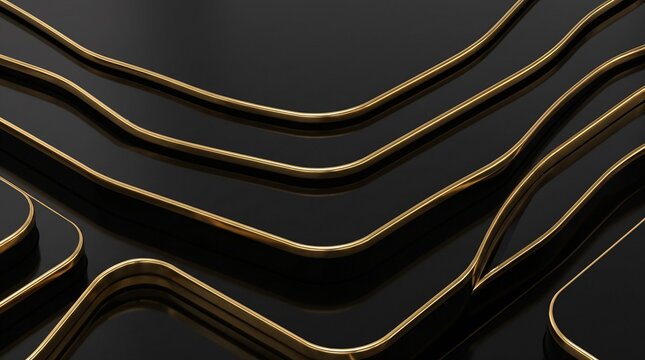 Luxury black obsidian stone topography background with molten gold contour lines, angled macro sculptural tiered geometric relief with metallic reflection for wealth management private banking