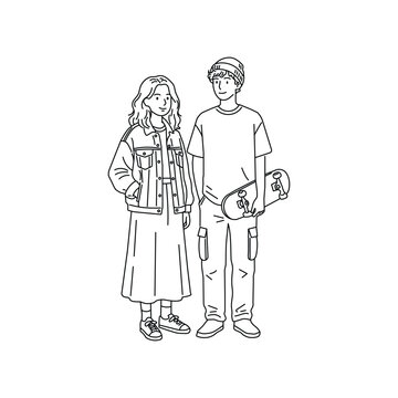 Young couple holding a skateboard in minimalist line art vector style