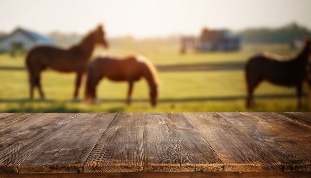 Close Up Of Rustic Empty Wooden Table With Blurred Horse Ranch Farm Background