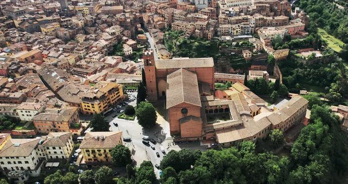 Aerial view of Basilica Cateriniana San Domenico in historic Siena, Italy