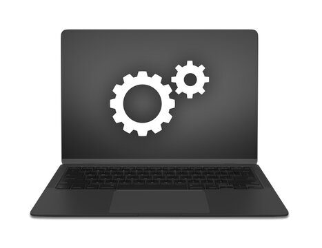 Una computadora port&aacute;til moderna con dos engranajes blancos en la pantalla oscura representa tecnolog&iacute;a y configuraci&oacute;n, ideal en formato png transparente.