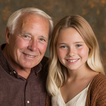 Grandfather and granddaughter smiling, portraying strong family bonds and cheerful moments between generations