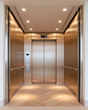 Modern elevator cabin interior with brushed metal walls and warm lighting