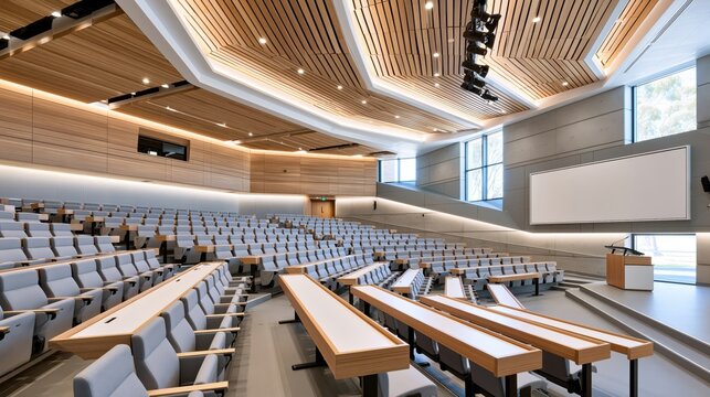 Empty lecture hall with modern wooden ceiling and tiered seating before class