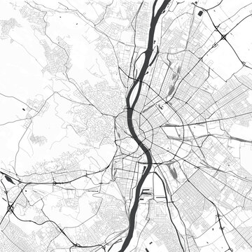 Minimal vector city map of Budapest with streets, parks and Danube River
