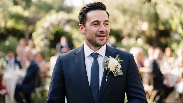 Groom in a blue suit adjusting his white rose boutonniere at an outdoor wedding reception. Smiling man celebrating his marriage