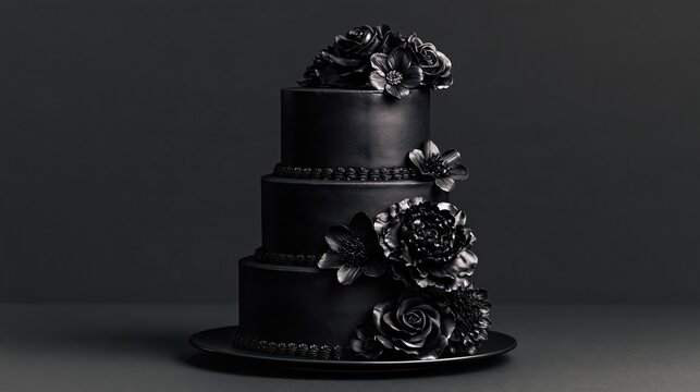 Elegant black frosted three-tier cake adorned with delicate sugar flowers
