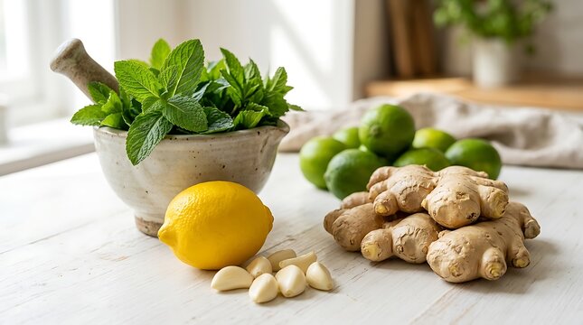 Fresh ginger root with lemon and mint in mortar, organic herbal ingredients for healthy tea, natural wellness food on white wooden table
