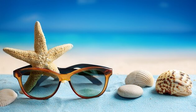 Summer Beach Scene With Sunglasses Shell Starfish And Pebbles On Light Blue Sand