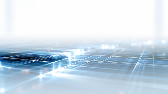 Bright abstract composition a translucent digital firewall grid with soft glowing lines and a gentle gap in the pattern pale blue and white gradient clean modern look firewall