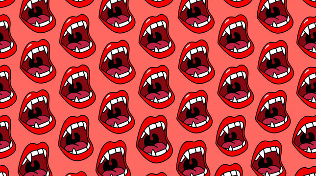 Seamless Halloween pattern with screaming vampire mouths, sharp white fangs and red lips on coral background. Bold spooky cartoon design for horror party decor.