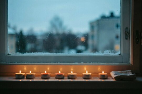 Seven tea lights glowing on a white window ledge above a wintry town