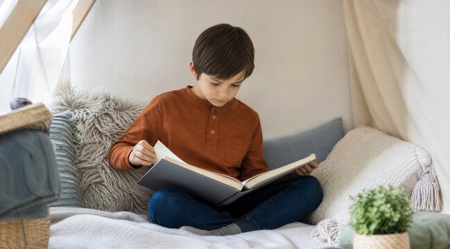 Young Boy Reading Book in Cozy Indoor Pillow Fort Nook