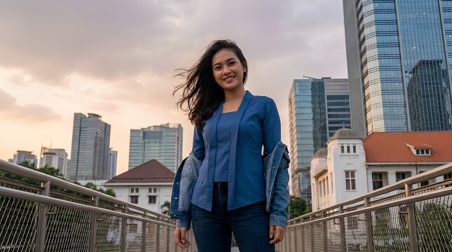 Young woman standing on bridge with modern city skyline background.