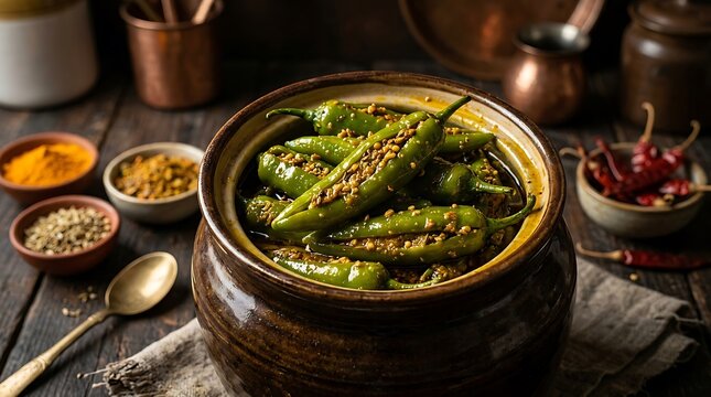 Spicy green chilies in earthen pottery. Indian cuisine pickle preparation. Curry leaves and spices in rustic serving bowl. Traditional homemade food snack. South Asian vegetarian dish on wooden
