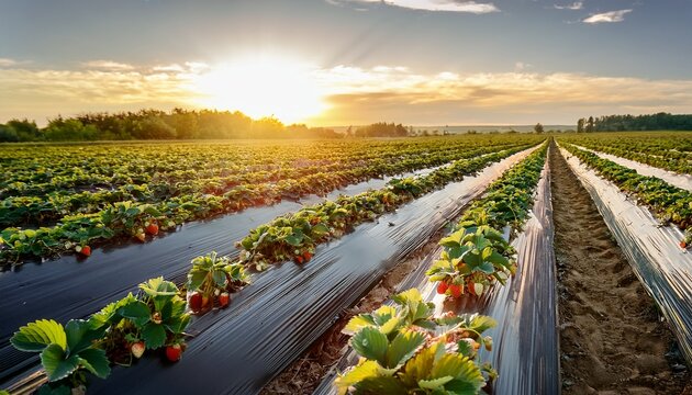 Organic Strawberry Patch With Ripe Berries Growing In Farm Field Landscape Under Beautiful Golden Hour Sunset Light