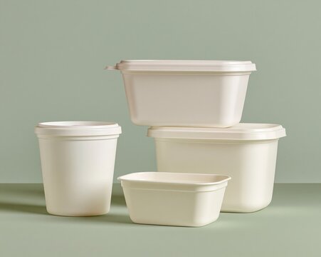 Minimalist off white food storage containers on soft green background