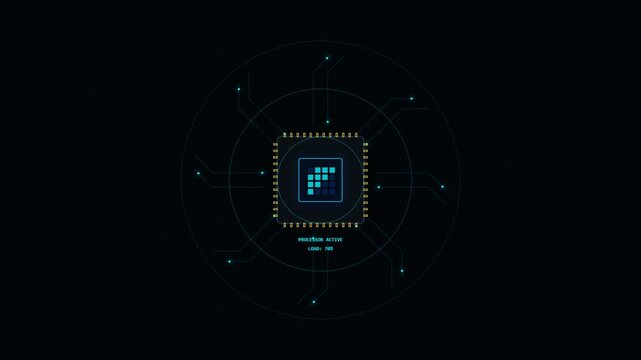 Futuristic digital microchip processor unit HUD animation.