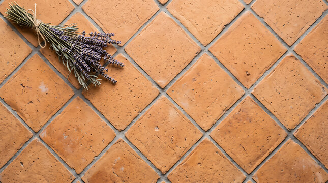 Terracotta Tile Floor Rustic Mediterranean Pattern Dried Lavender Warm Home Decor Background
