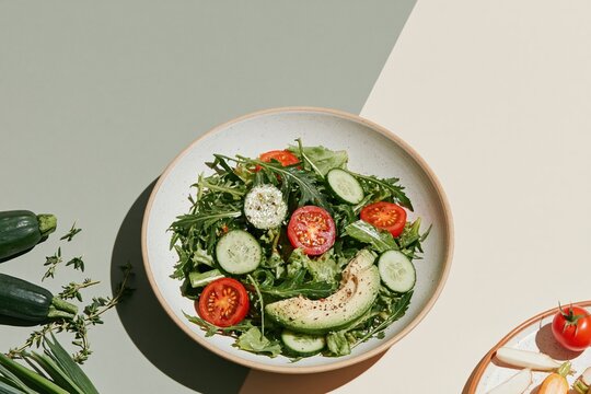 Vegan salad bowl with cucumber, tomato and avocado on a muted sage and cream background, featuring fresh textures for healthy eating and nutrition