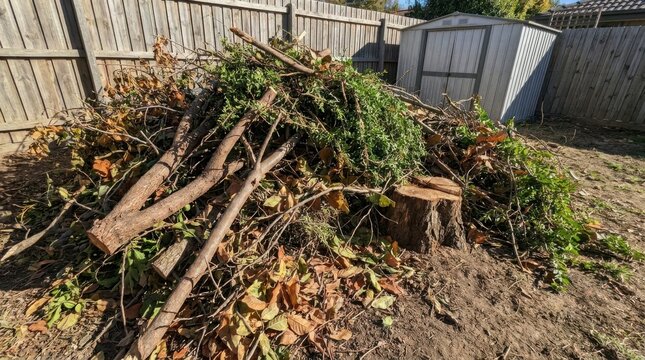 A large pile of freshly cut tree branches, twigs, and dead leaves sits in a backyard near a wooden fence and storage shed