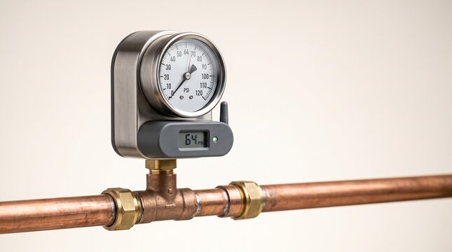 Industrial pressure gauge on copper pipe, digital smart sensor for water monitoring, plumbing system pressure meter