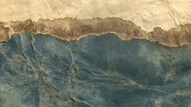 Aged paper texture with stained edges and deep blue creases, featuring a weathered parchment surface for antique documents and design backgrounds