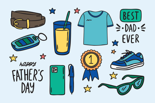 Fathers Day doodle set with icons and lettering number 382, hand drawn doodle