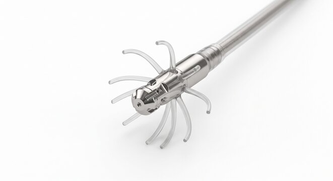 Cardiac pacemaker pacing lead anchoring tip. Cardiovascular hardware featuring platinum-iridium electrode and flexible silicone tines, isolated on white background.