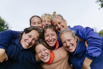 Obraz premium Group of women laughing together in a natural huddle, wearing textured blue and orange fleece in a green meadow for community and friendship