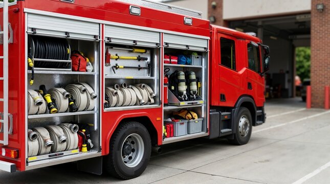 Open side compartments of a red fire truck displaying organized equipment. Coiled hoses, rescue tools, and breathing apparatus stored on shelves
